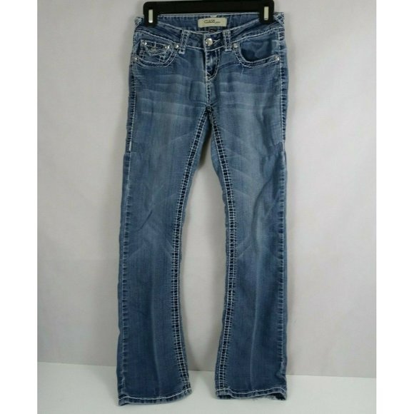 Clash Women's Distressed Whiskered Embroidered Jewel Frayed Cuff Jeans Size 3 - Picture 2 of 11